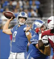 ?? JOSE JUAREZ / AP ?? Matthew Stafford threw two of his four TD passes to rookie Kenny Golladay in the fourth quarter, helping Detroit rally to beat the Cardinals 35-23 on Sunday.