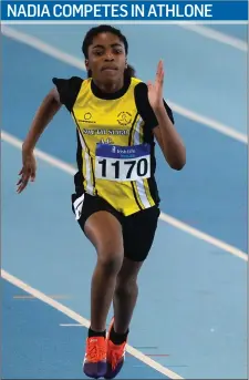  ??  ?? Nadia Udo- Obong of South Sligo AC, competing in the U12 Women’s 60m Heat during the weekend’s Irish Life Health Juvenile Indoor Championsh­ips at the AIT Internatio­nal Arena in Athlone.