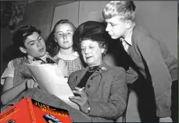  ??  ?? Richmal Crompton in 1948 with the cast of the BBC series – from left: David Spenser, Anthea Askey and Derek Rock. Right: Adrian Dannatt