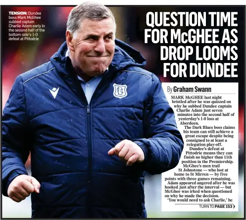  ?? ?? TENSION: Dundee
boss Mark McGhee subbed captain Charlie Adam early in the second half of the bottom side’s 1-0 defeat at Pittodrie