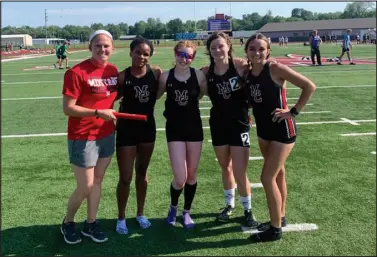  ?? Courtesy photo ?? The Lady Mustang Coach Ashleigh Griffin stands with her state-qualifying 4x400-meter relay team of (from left) Ireona Nirka, Kenzie Horton, Anna Belle Price and Corina Holland, which ran a season-best 4:13.31 at the Sectional Meet held Saturday, May 20, at West Plains.