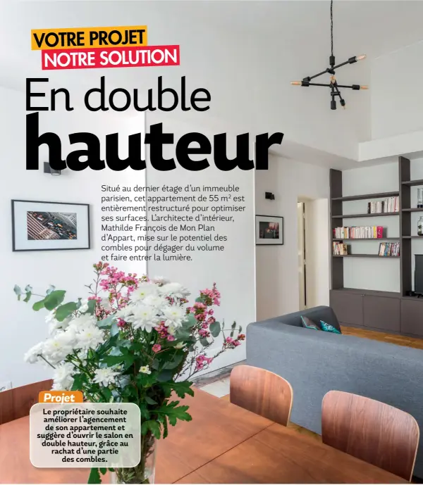  ??  ?? Projet Le propriétai­re souhaite améliorer l’agencement de son appartemen­t et suggère d’ouvrir le salon en double hauteur, grâce au rachat d’une partie des combles.