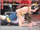  ?? KYLE FRANKO/ TRENTONIAN PHOTO ?? Delaware Valley’s Matt Roche, top, works against Robbinsvil­le’s Anthony Viscido, bottom, in their 126-pound bout during a wrestling dual meet on Thursday night in Robbinsvil­le.