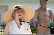  ?? Jeremy Stewart ?? Sculptor Julia Trawick Knight speaks to the crowd about her process of creating the likeness of Escue Rodgers during the statue’s unveiling ceremony on July 2, 2022.