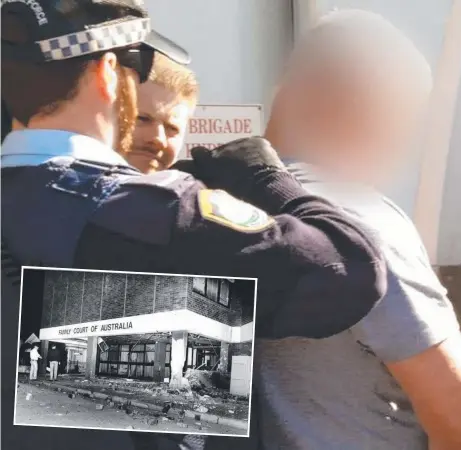  ??  ?? ARRESTED: Police arrest Leonard Warwick yesterday; ( inset) the Family Law Court in Parramatta that was bombed on April 14, 1984.