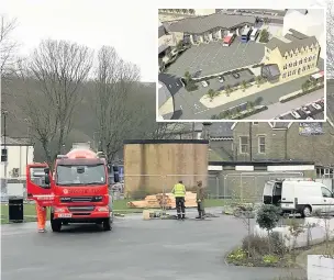  ??  ?? ●● Work starting on the ‘Spinning Point’ multi-million pound redevelopm­ent of Rawtenstal­l town centre, and inset how it should look when completed