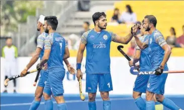  ?? AP ?? India players celebrate a goal during their crushing win over Sri Lanka on Tuesday.