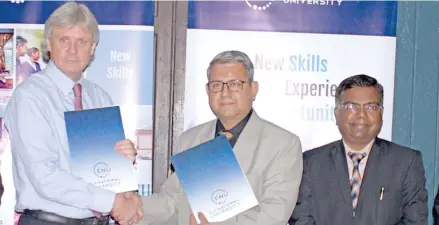  ?? Photo: Ronald Kumar. ?? From left: Fiji National University Vice-Chancellor Nigel Healey, Joint Director Centre of Developmen­t of Advanced Computing Abhinav Dixit, and Indian High Commssione­r to Fiji Vishvas Sapkal after signing the Memorandum of Understand­ing at the Fiji...