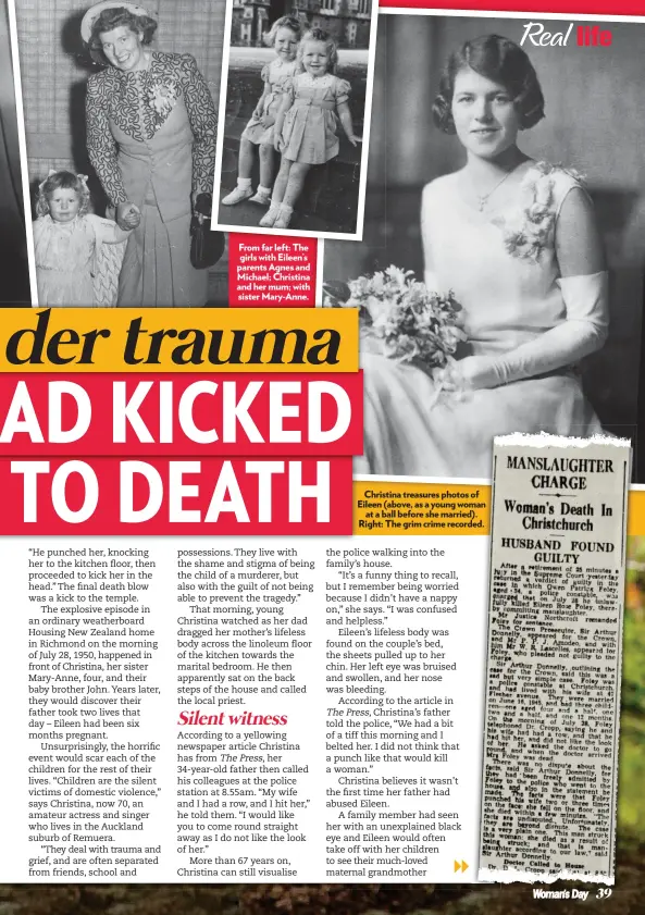  ??  ?? FromfarFro­mfar left: The girls with Eileen’s parents Agnes and Michael; Christina and her mum; with sister Mary-Anne. Christina treasures photos of Eileen (above, as a young woman at a ball before she married). Right: The grim crime recorded.