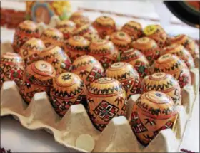  ??  ?? Pysanky, a Ukrainian Easter egg, for sale at the Ukrainian Easter Bazaar held Sunday afternoon at St. Nicholas Ukrainian Catholic Church in Watervliet.