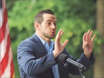  ?? Tyler Sizemore / Hearst Connecticu­t Media file photo ?? Connecticu­t GOP State Chairman J.R. Romano speaks at the 87th annual Cos Cob Republican Clambake at Greenwich Point Park in Old Greenwich in 2018. Republican leaders got together to drum up support for gubernator­ial candidate Bob Stefanowsk­i and other GOP candidates for state and local government positions.