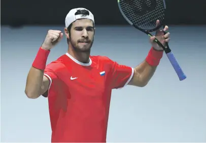  ?? Picture: Getty Images ?? SOLID START. Russia’s Karen Khachanov celebrates after winning his match against Croatia’s Borna Coric in the Davis Cup at La Caja Magica in Madrid on Monday.