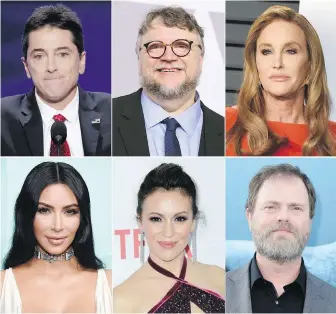  ??  ?? Celebritie­s have been forced to evacuate their homes due to a fast-moving wildfire in Southern California. Top row from left, Scott Baio, Guillermo del Toro, Caitlyn Jenner; bottom row from left, Kim Kardashian, Alyssa Milano and Rainn Wilson.