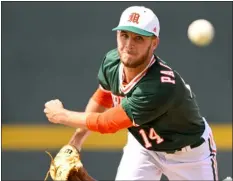  ?? DOUG MURRAY, AP ?? Miami’s Carson Palmquist pitches during an NCAA baseball game on June 5 in Coral Gables. The Colorado Rockies drafted Palmquist in the third round of the MLB draft.