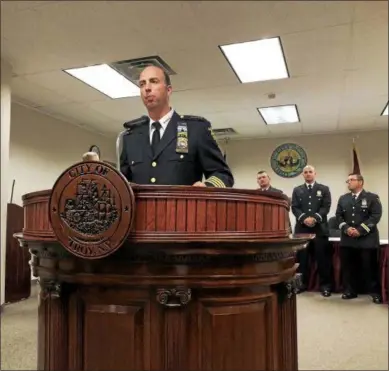  ?? NICHOLAS BUONANNO -MEDIANEWS GROUP/ FILE ?? Troy Police Chief Brian Owens speaks during a promotion ceremony last year.