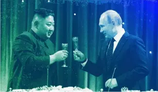  ?? ?? North Korean leader Kim Jong Un, left, toasts with Russian President Vladimir Putin in Vladivosto­k, April 2019