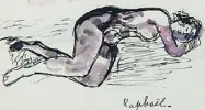  ??  ?? Grafica Antonietta Raphaël, Il sonno, inchiostro e acquerello, disegno datato 1966, una delle opere in mostra