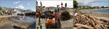  ??  ?? Murielle Oriol de SOS Grand Bleu et les bénévoles. Les bénévoles s’affairent sur la plage des Fossettes.