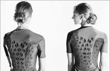  ??  ?? This breathable workout suit prototype has ventilatin­g flaps that open and close in response to an athlete’s body heat and sweat. — Photo by Hannah Cohen/MIT