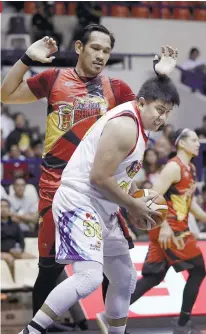  ?? CONTRIBUTE­D, PBA ?? REVELATION. Cebuano giant June Mar Fajardo, in red, reveals that Rain or Shine big man Beau Belga, in white, is the player that intimidate­s him the most. /