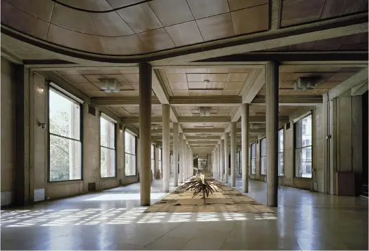  ??  ?? Simulation of the exhibition at the Palais d’Iéna, Paris, October 2019. Giuseppe Penone, Matrice di linfa, 2008 (detail); fir wood, vegetal resin, terracotta, leather, metal; 131 x 4500 x 212 cm. Photo: EESC Benoît Fougeirol. Courtesy: Archivio Penone and Marian Goodman Gallery. © Palais d’Iéna, architect Auguste Perret, UFSE, SAIF.