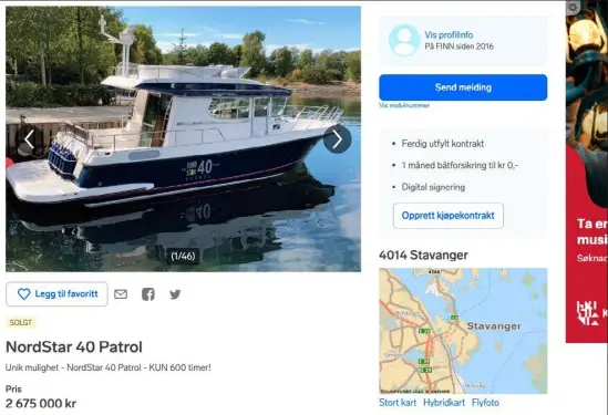  ?? SKJERMDUMP FRA FINN-ANNONSEN ?? «Unik mulighet» heter det blant annet i Finn-annonsen for båten som Tore
Christians­en solgte høsten 2019. Ole Bjørn Strønen fra Os sør for Bergen ville heve kjøpet etter bare tre dager.