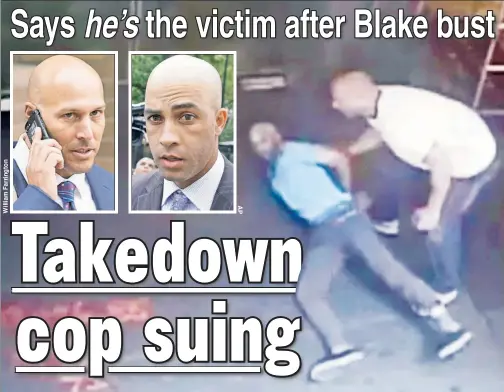  ??  ?? OOPS: James Frascatore (inset left) will sue James Blake (inset right) for this 2015 incident, in which the cop tackled the tennis star due to mistaken ID.