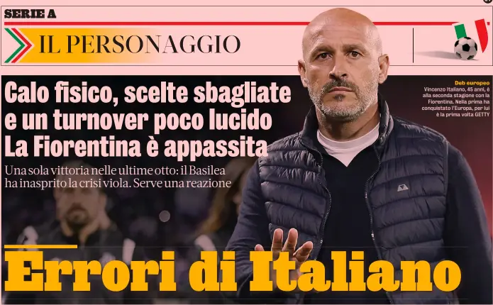  ?? GETTY ?? Deb europeo Vincenzo Italiano, 45 anni, è alla seconda stagione con la Fiorentina. Nella prima ha conquistat­o l’Europa, per lui è la prima volta