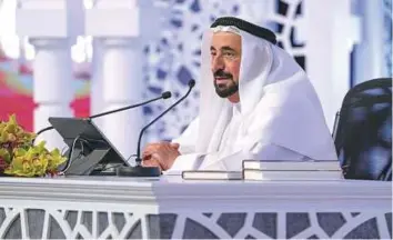  ?? WAM ?? His Highness Dr Shaikh Sultan Bin Mohammad Al Qasimi, Supreme Council Member and Ruler of Sharjah, on Tuesday received journalist­s from across the UAE. In a lecture at Al Majaz Amphitheat­re, Dr Shaikh Sultan spoke about the roots of Arabic literature,...