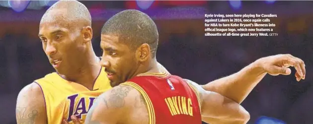  ?? GETTY ?? Nets
Kyrie Irving, seen here playing for Cavaliers against Lakers in 2016, once again calls for NBA to turn Kobe Bryant’s likeness into offical league logo, which now features a silhouette of all-time great Jerry West.