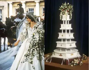  ??  ?? Lady Diana Spencer on her wedding day in 1981; the cake, made by chief petty officer cook David Avery