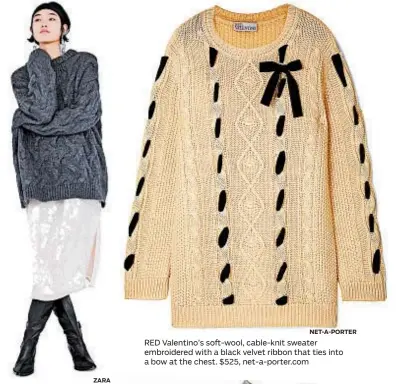  ?? NET-A-PORTER ?? Zara’s oversize anthracite­gray, soft cable-knit sweater. $59.90, zara.com RED Valentino’s soft-wool, cable-knit sweater embroidere­d with a black velvet ribbon that ties into a bow at the chest. $525, net-a-porter.com