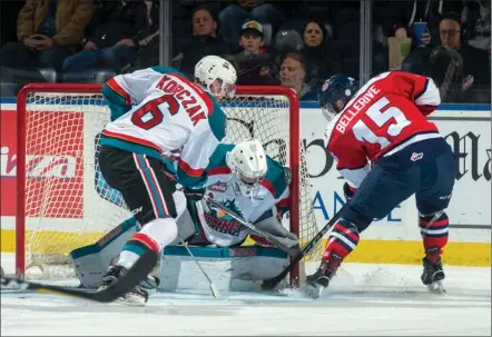  ?? MARISSA BAECKER/Shoot the Breeze ?? Jordy Bellerive of the Lethbridge Hurricanes tries to put the puck past Kelowna Rockets goalie Brodan Salmond during their game Wednesday night at Prospera Place.The Rockets won 4-3 in overtime.