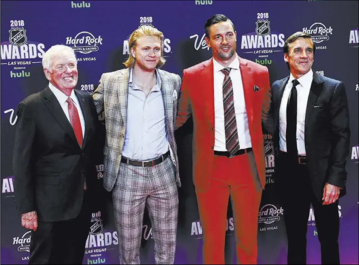  ?? Chase Stevens Las Vegas Review-Journal @csstevensp­hoto ?? Golden Knights owner Bill Foley, from left, joins players William Karlsson and Deryk Engelland and general manager George McPhee on the red carpet ahead of the NHL Awards on June 20 at the Hard Rock Hotel. Two months later, Foley lost a son, Patrick Foley, 31, to a freak accident that caused him to hit his head.