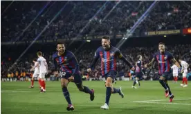  ?? Photograph: Gongora/ NurPhoto/Shuttersto­ck ?? Jordi Alba celebrates after firing Barcelona in front against Sevilla.