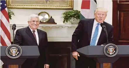  ?? EPA PIC ?? United States President Donald Trump (right) with Palestinia­n President Mahmoud Abbas at the White House in Washington on Wednesday.