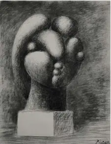  ?? PETER SCHIBLI ?? ARBETSPROC­ESS. Picassos skiss för en skulptur (Marie-Thérèse) i kol på duk, 1932.