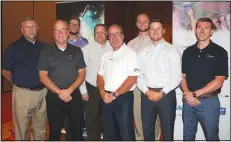  ?? NWA Democrat-Gazette/CARIN SCHOPPMEYE­R ?? Scott Reinert (from left), Mike Mawby, Mitchell Mawby, Mark Reinert, Matt Mawby, Alex McClung, Matthey Mawby and Tyler Gibbs of Profession­al Business Systems help support Kendrick Fincher Hydration for Life at the Beat the Heat luncheon.