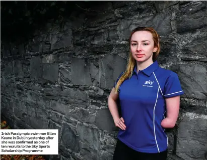  ??  ?? Irish Paralympic swimmer Ellen Keane in Dublin yesterday after she was confirmed as one of ten recruits to the Sky Sports Scholarshi­p Programme