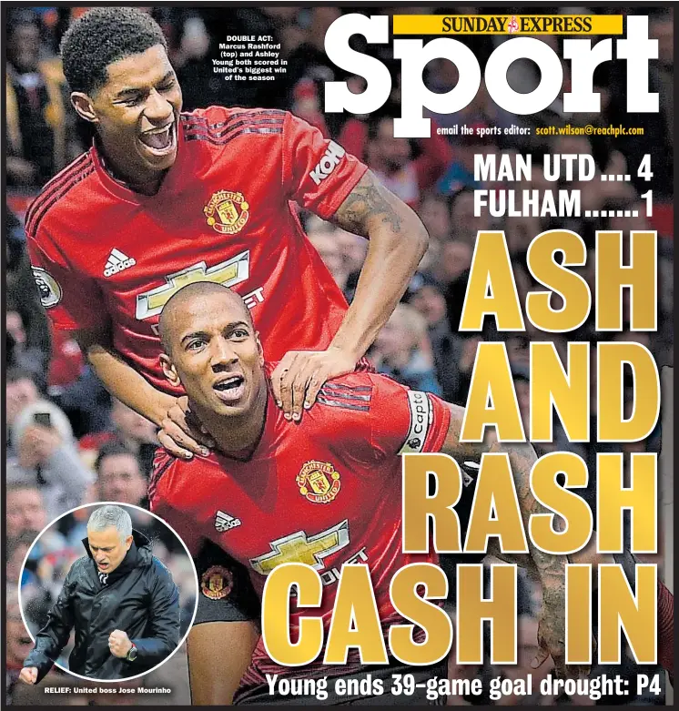  ??  ?? RELIEF: United boss Jose Mourinho DOUBLE ACT: Marcus Rashford (top) and Ashley Young both scored in United’s biggest win of the season