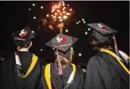  ?? PHOTO BY SUYEN TORRES, COURTESY OF BAKERSFIEL­D COLLEGE ?? The sky lights up from fireworks during a 2018 graduation ceremony for Bakersfiel­d College.