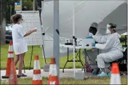  ?? LYNNE SLADKY — THE ASSOCIATED PRESS ?? Health care workers take informatio­n from people in line at a walk- up COVID- 19testing site in Miami Beach, Fla.
