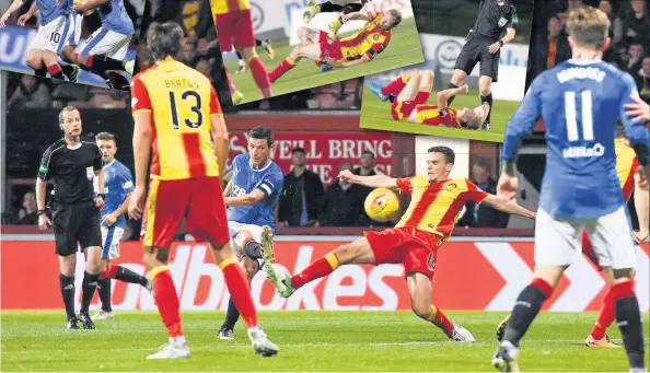  ??  ?? BELTER Dorrans curls in classy leveller, main, then celebrates, far left, after Erskine sees red, left, for shocker on Morelos