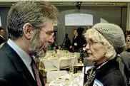  ?? GETTY, AP ?? Top, Jean Kennedy Smith in 1965. Above, Smith with Gerry Adams, president of Sinn Fein, after he spoke to the Council on Foreign Relations, in New York in 2005. A decade earlier she had paved the way for his visa applicatio­n to visit the US to be approved.