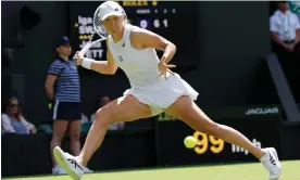  ?? Photograph: Tom Jenkins/The Guardian ?? Iga Swiatek looked imperious at times during her first-round defeat of Jana Fett.