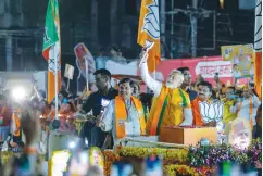  ?? (Gagan Nayar/AFP via Getty Images) ?? NARENDRA MODI, India’s prime minister, greets supporters during a roadshow in Bhopal last month ahead of voting.