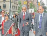  ?? PTI FILE ?? Union minister Sushma Swaraj with India’s permanent representa­tive to UN Syed Akbaruddin (centre) during her visit to New York in September this year.