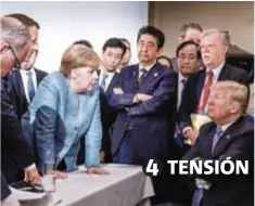  ?? JESCO DENZEL | BUNDESREGI­ERUNG VIA GETTY IMAGES ?? La imagen captada en Charlevoix, Canadá, el 9 de junio, muestra una conversaci­ón en la que participan Merkel, Trump, Macron, Justin Trudeau, Shinzo Abe y más líderes globales.