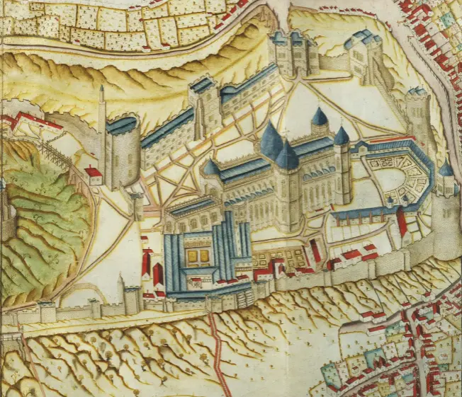  ??  ?? Fig 1 above: Windsor Castle as depicted on John Norden’s 1607 survey of the castle. Edward III recast the upper ward of the castle as a palace in the 14th century. Elizabeth I’s gallery is depicted here beneath the central Round Tower. It extends...