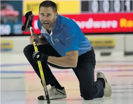  ?? MICHAEL BURNS ?? Skip John Morris of Vernon, B.C., shouts instructio­ns to his front end during his 4-3 win over Edmonton’s Brendan Bottcher in Sunday’s Section A final at the Road to the Roar curling pre-trials in Charlottet­own, P.E.I. The win sent the rink to the...